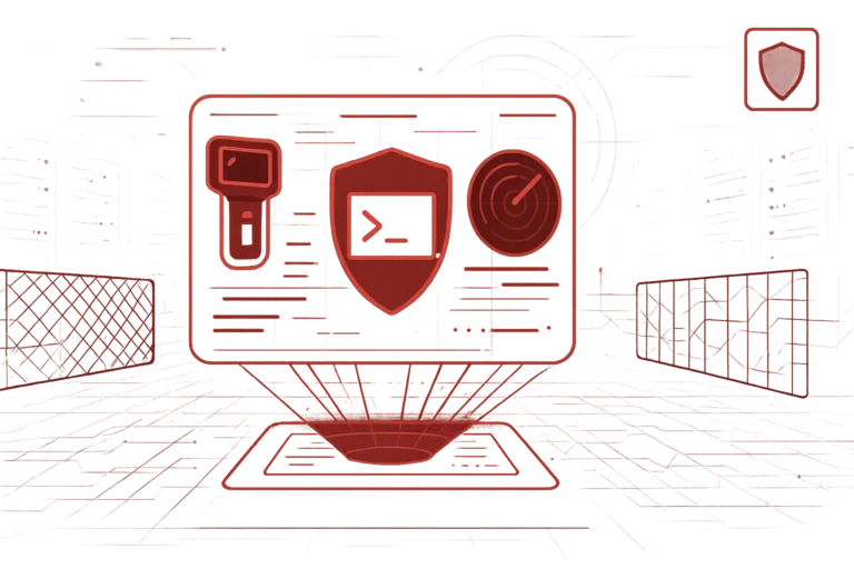 Digitales Cybersicherheits-Dashboard mit Schutzschild, USB-Authentifizierung und Radar-Überwachungssystem in rotem Design