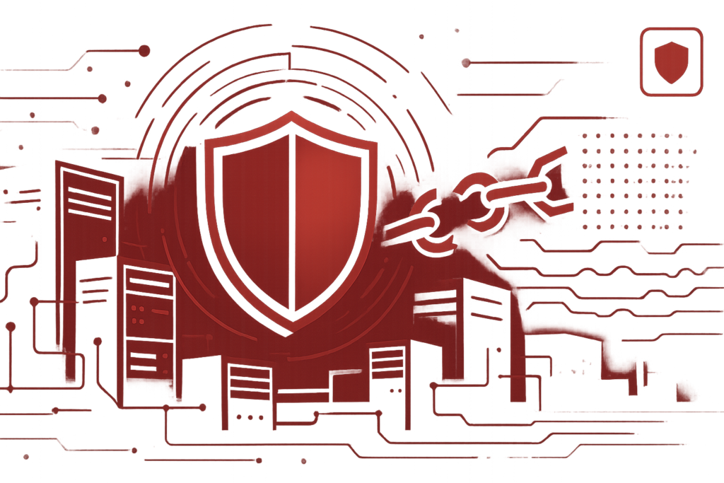 Rote Grafik mit Schild-Symbol und technischen Elementen zur Darstellung von Cybersicherheit und BCM-Schutz