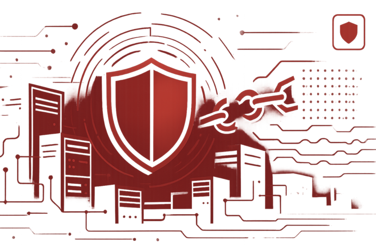 Rote Grafik mit Schild-Symbol und technischen Elementen zur Darstellung von Cybersicherheit und BCM-Schutz