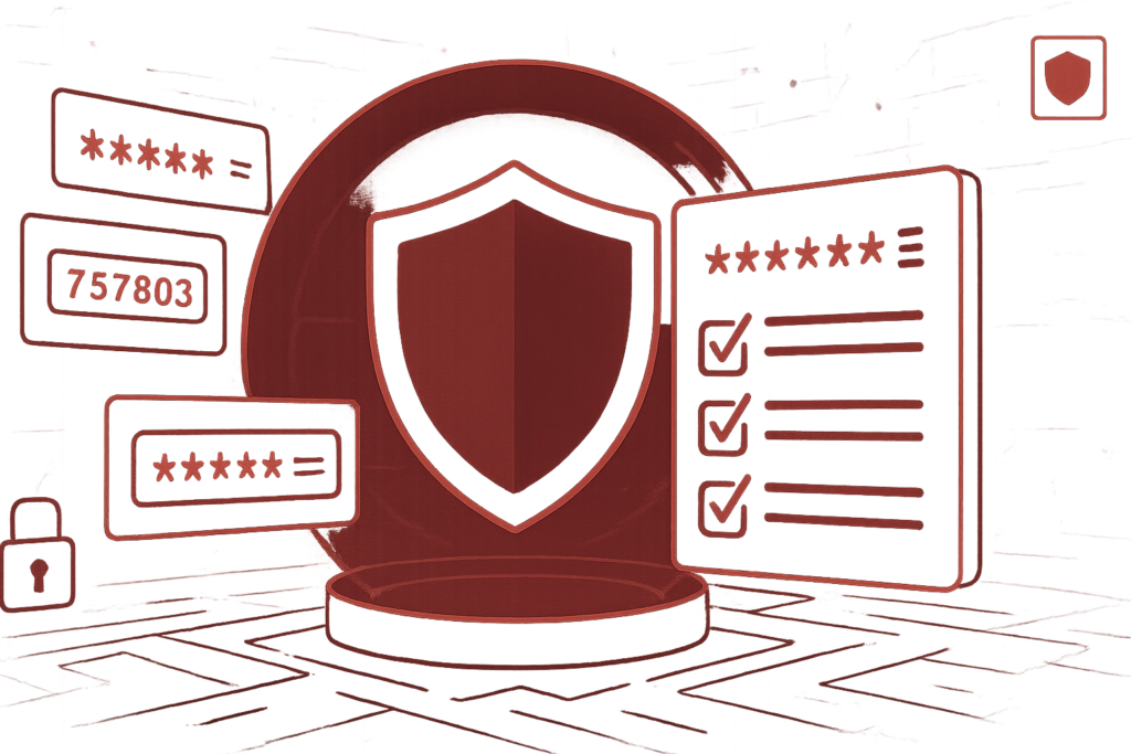 Illustration zur Cybersicherheit mit rotem Sicherheitsschild, Passwort-Feldern und Checkliste