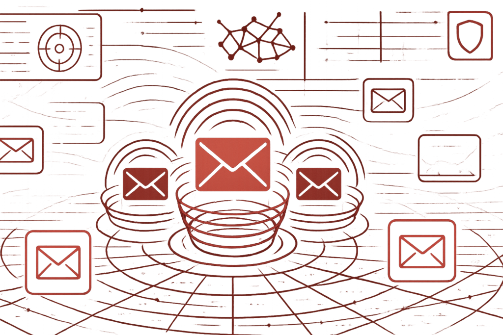 E-Mail-Marketing-Illustration mit zentralem Versand-Symbol, Broadcast-Wellen und Marketing-Icons