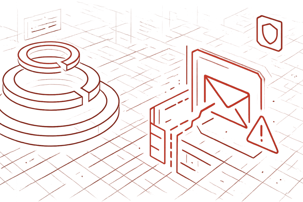 Isometrische Illustration zeigt E-Mail-Sicherheit mit Kreisdiagramm, Warnzeichen-E-Mail und Sicherheitsschild