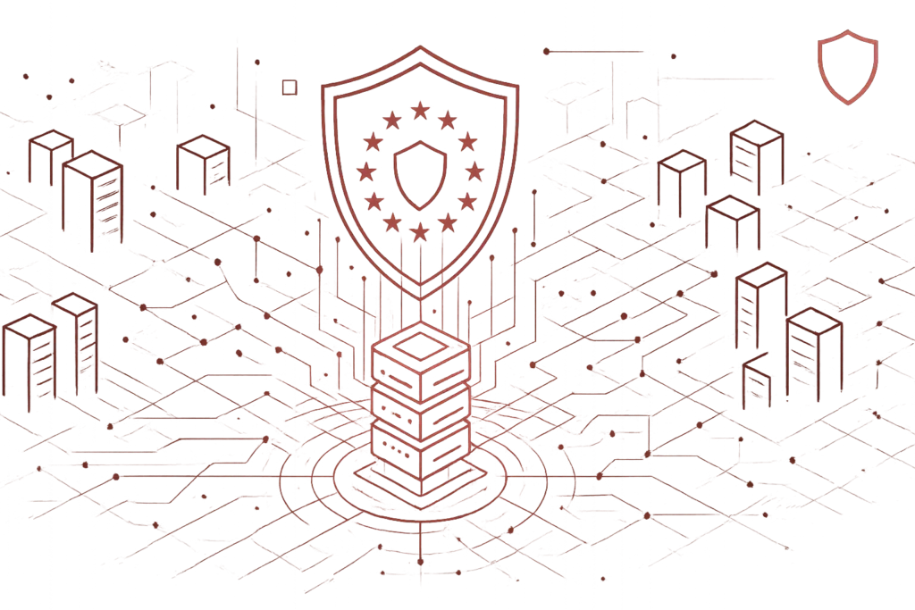 Illustration eines EU-Schutzschilds über einem Server-Stack, symbolisiert europäische Datenschutzrichtlinien und sichere IT-Infrastrukturen