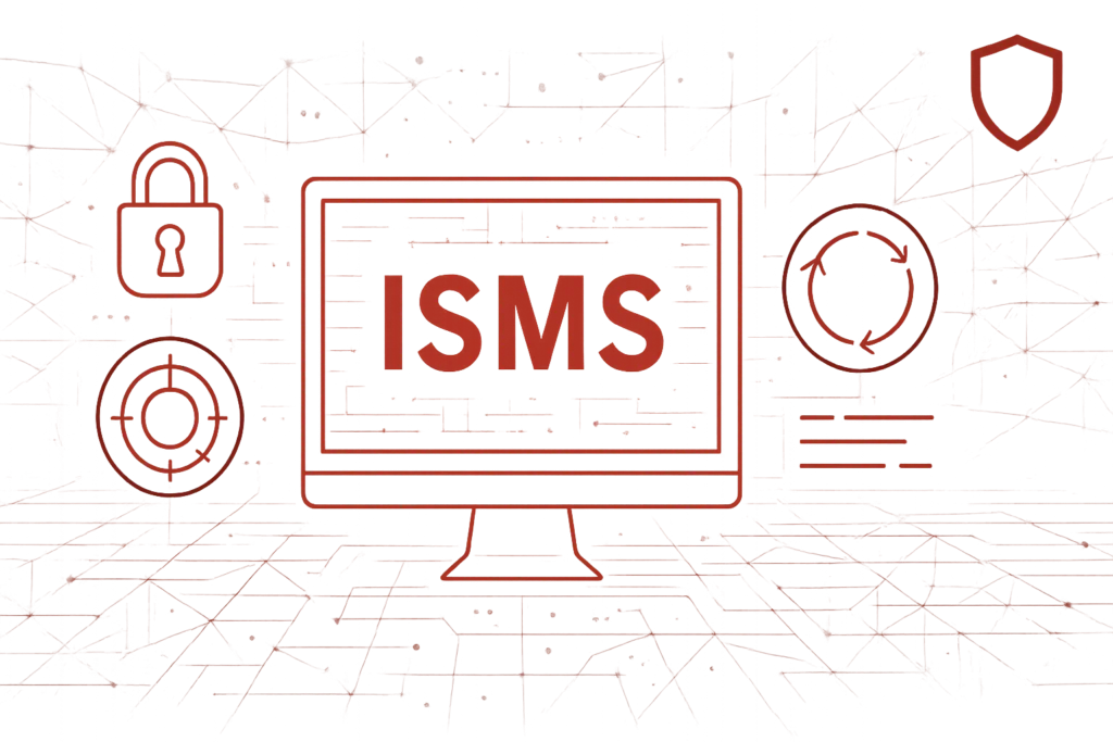 Illustration mit Monitor und Schriftzug ISMS, umgeben von Symbolen für Datenschutz, Sicherheit und Informationssicherheitsmanagement