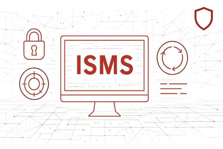 Illustration mit Monitor und Schriftzug ISMS, umgeben von Symbolen für Datenschutz, Sicherheit und Informationssicherheitsmanagement