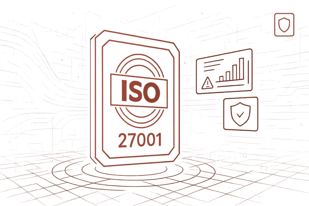 Abbildung eines ISO 27001 Schildes als Symbol für zertifizierte Informationssicherheit und Cybersecurity nach internationalem Standard