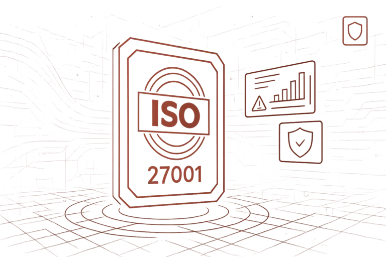 Abbildung eines ISO 27001 Schildes als Symbol für zertifizierte Informationssicherheit und Cybersecurity nach internationalem Standard