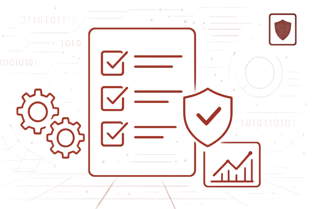 Illustration von IT-Compliance-Prozessen mit Checkliste, Sicherheitsschild und Zahnrädern vor Binärcode-Hintergrund
