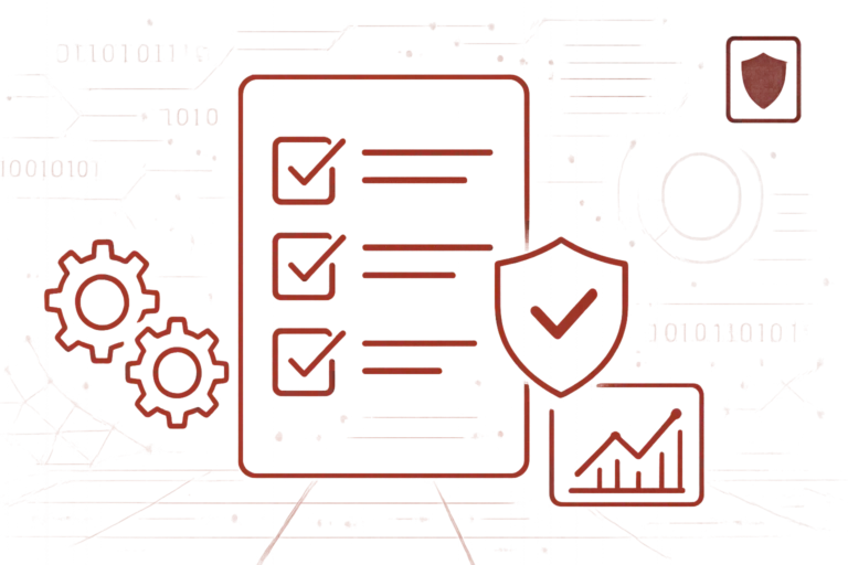 Illustration von IT-Compliance-Prozessen mit Checkliste, Sicherheitsschild und Zahnrädern vor Binärcode-Hintergrund