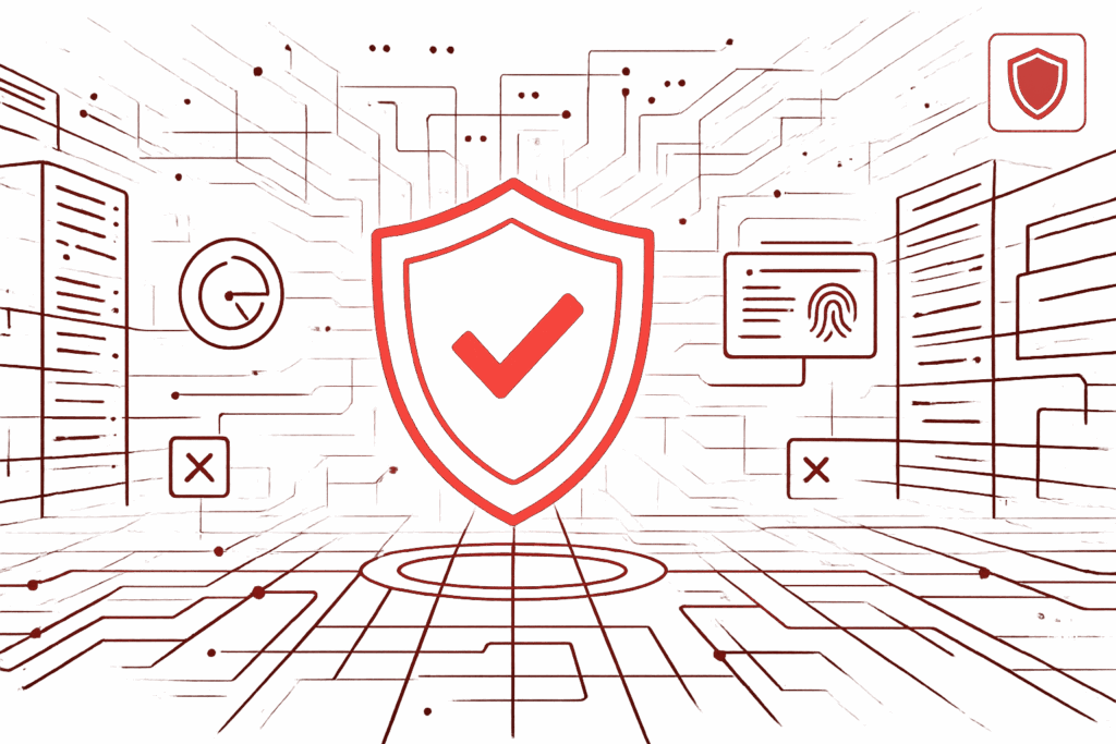Digitale Pentest Tools Illustration mit rotem Sicherheitsschild und IT-Schutz-Symbolen