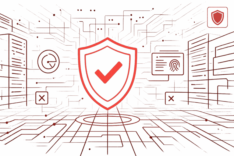 Digitale Pentest Tools Illustration mit rotem Sicherheitsschild und IT-Schutz-Symbolen