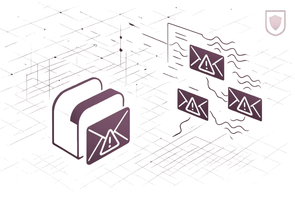 Illustration zeigt Phishing-Training mit sich ausbreitenden E-Mail-Warnungen und Schutzschild-Symbol