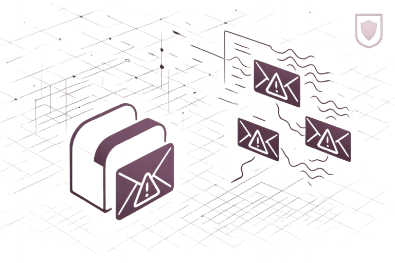 Illustration zeigt Phishing-Training mit sich ausbreitenden E-Mail-Warnungen und Schutzschild-Symbol