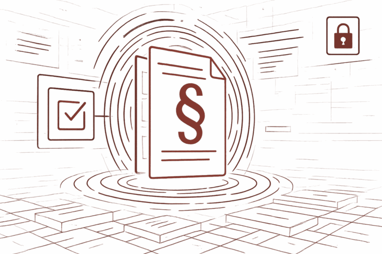 Grafische Visualisierung von Datenschutz und Rechtssicherheit mit zentralem Dokument und schützenden geometrischen Elementen