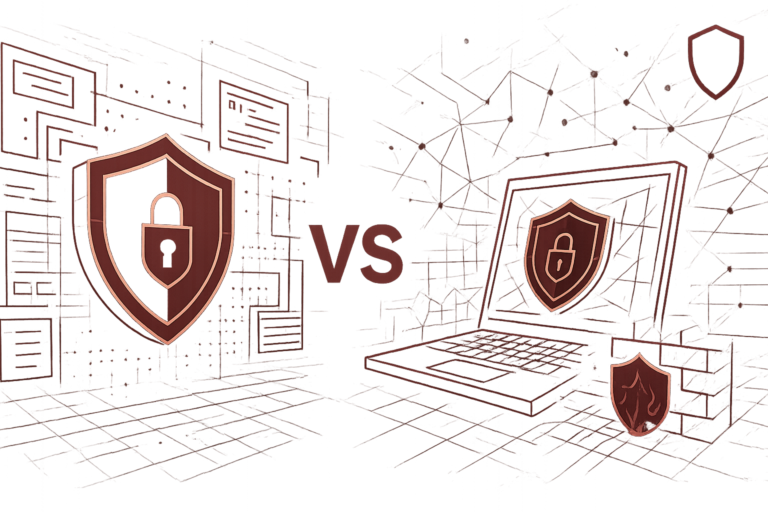 Illustration mit zwei Schutzschildern und VS als Symbol für den Vergleich von Vulnerability Scan und Pentesting