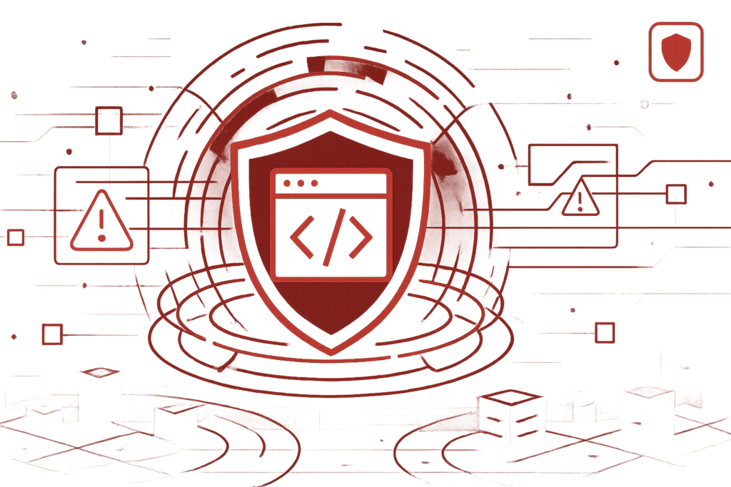 Illustration eines Schutzschilds mit Web-Entwicklungssymbol zur Darstellung eines Web Application Pentests
