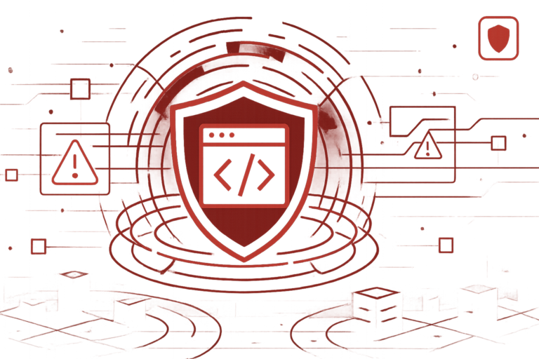 Illustration eines Schutzschilds mit Web-Entwicklungssymbol zur Darstellung eines Web Application Pentests