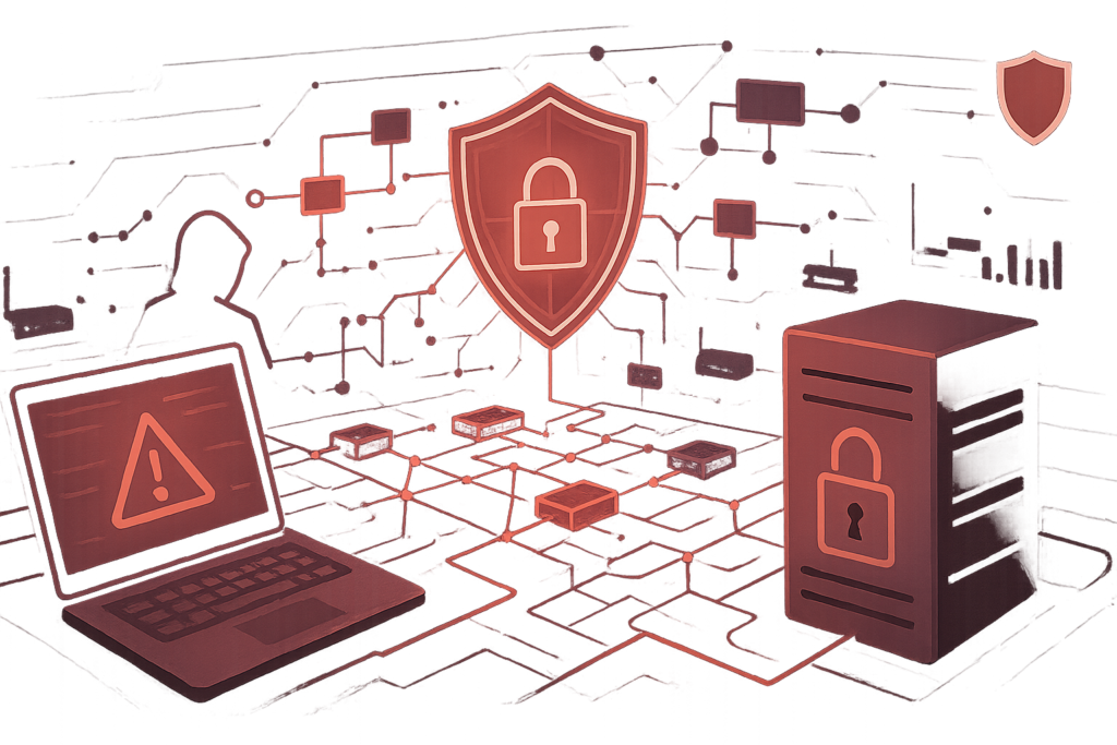 Illustration mit Laptop, Server und Schutzschild zur Darstellung von IT-Sicherheitsprüfung und Website-Pentest