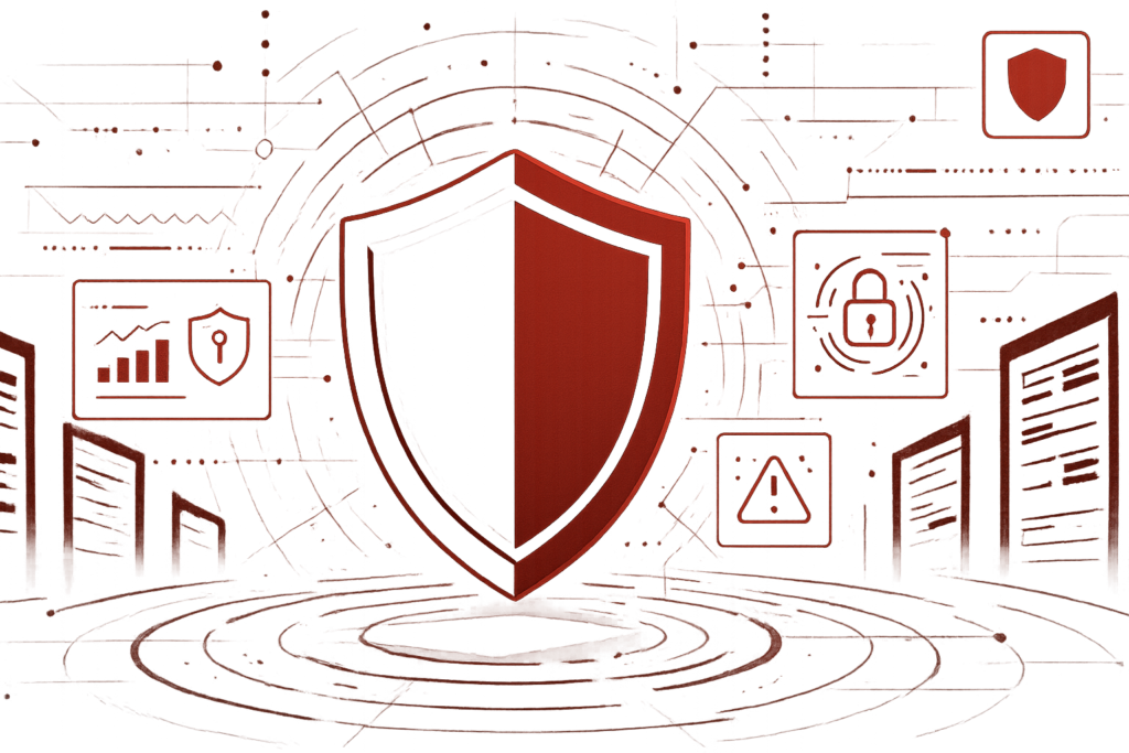 Cybersicherheits-Illustration mit rotem Schutzschild für Website-Sicherheitsprüfungen und IT-Audits bei KMU