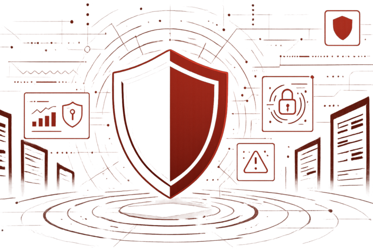 Cybersicherheits-Illustration mit rotem Schutzschild für Website-Sicherheitsprüfungen und IT-Audits bei KMU