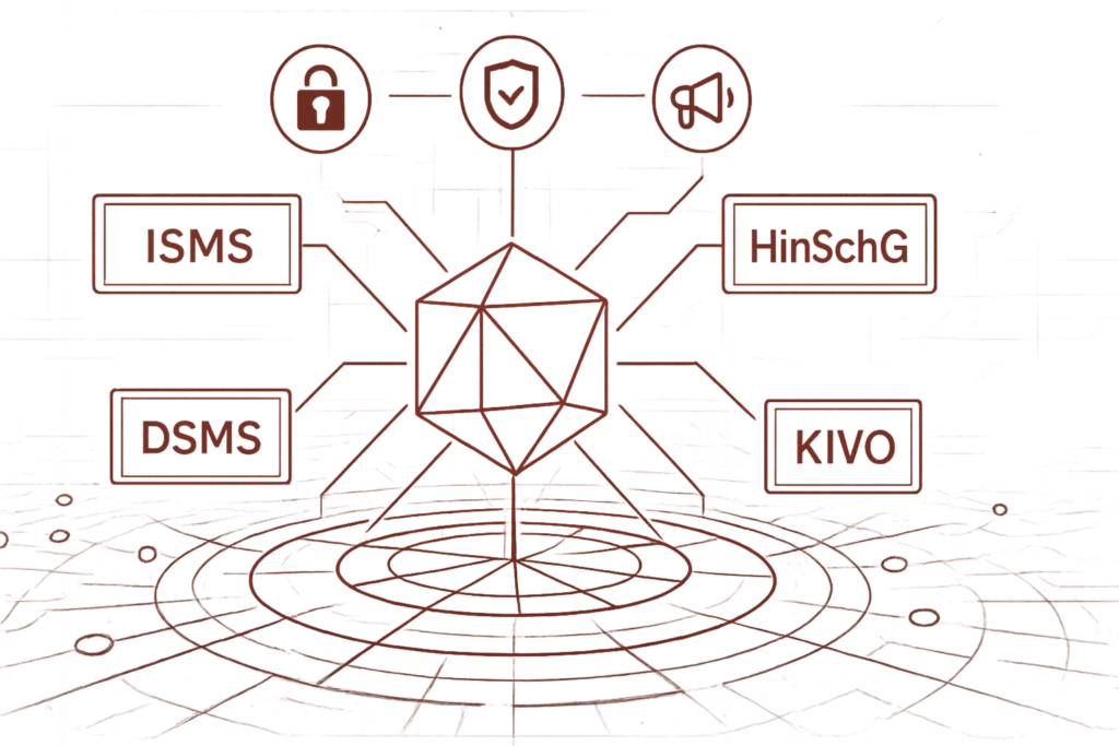 Digitale Visualisierung von einem Datenschutz Compliance Hub mit Schutzschild, Schloss und Cloud-Symbolen auf futuristischem Hintergrund