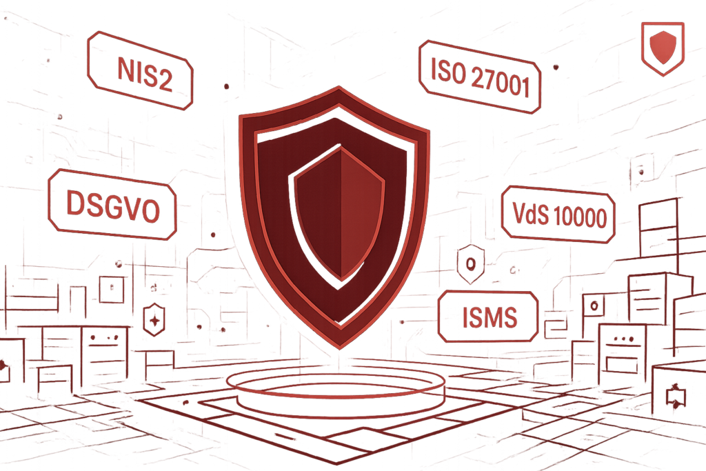 Security-Standards-Übersicht zeigt zentrales Schild umgeben von wichtigen Compliance-Frameworks und Datenschutzbestimmungen