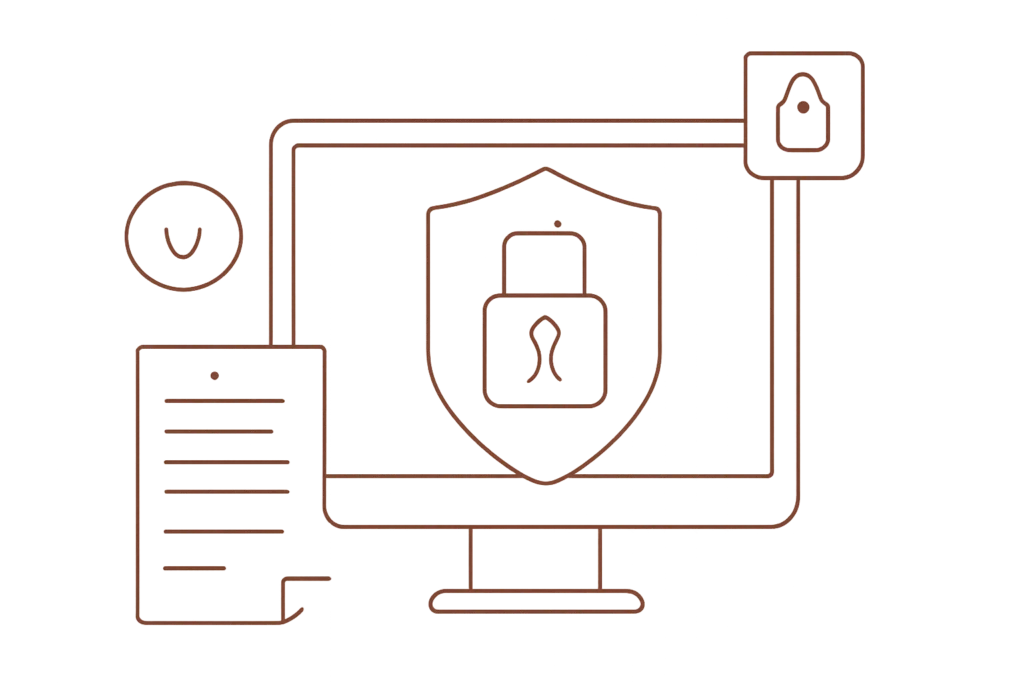 Symbolische Darstellung von Datenschutz und Sicherheit mit einem Computer, einem Schloss und einem Dokument