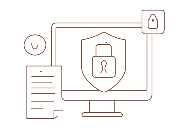 Symbolische Darstellung von Datenschutz und Sicherheit mit einem Computer, einem Schloss und einem Dokument
