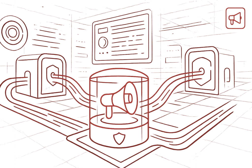 Illustration eines roten Megaphon-Symbols in einem digitalen Netzwerk mit Kabeln und Sicherheitselementen