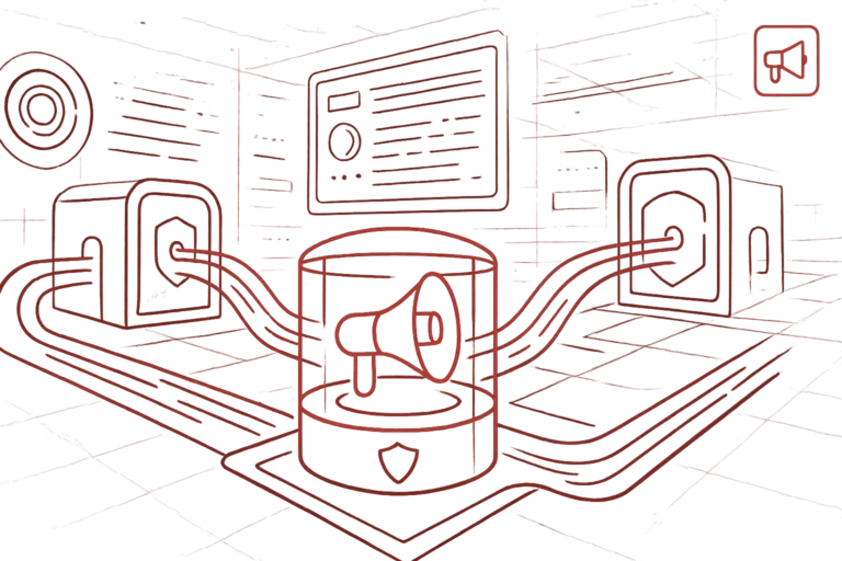 Illustration eines roten Megaphon-Symbols in einem digitalen Netzwerk mit Kabeln und Sicherheitselementen