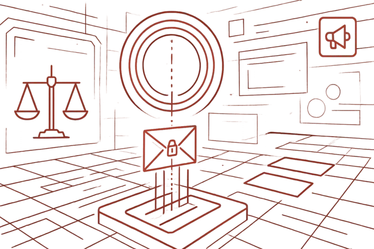 Rotes Symbol eines verschlüsselten Briefes in einer digitalen Umgebung, das für sichere Kommunikation und Datenschutz steht