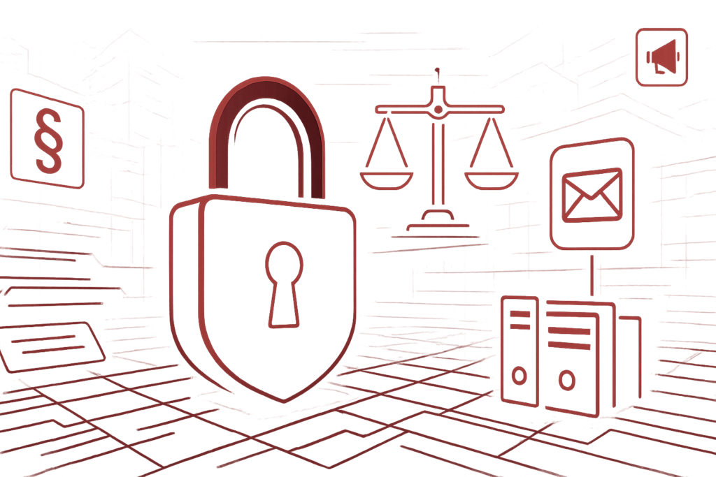 Grafik mit Schloss und Symbolen für Recht, Kommunikation und Dokumentation, die Datensicherheit und Hinweisgeberschutz darstellen