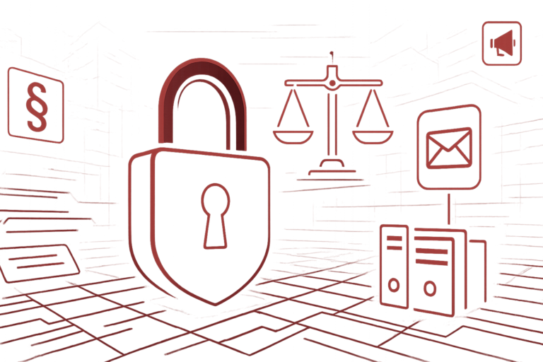 Grafik mit Schloss und Symbolen für Recht, Kommunikation und Dokumentation, die Datensicherheit und Hinweisgeberschutz darstellen