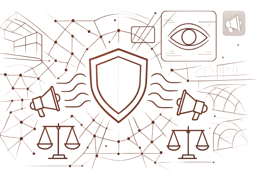 Grafische Darstellung mit Schild, Waage, Augen- und Megafonsymbolen, die Sicherheit, Recht und Kommunikation in digitalen Netzwerken symbolisieren