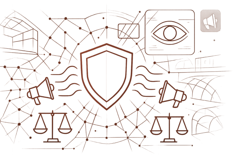 Grafische Darstellung mit Schild, Waage, Augen- und Megafonsymbolen, die Sicherheit, Recht und Kommunikation in digitalen Netzwerken symbolisieren