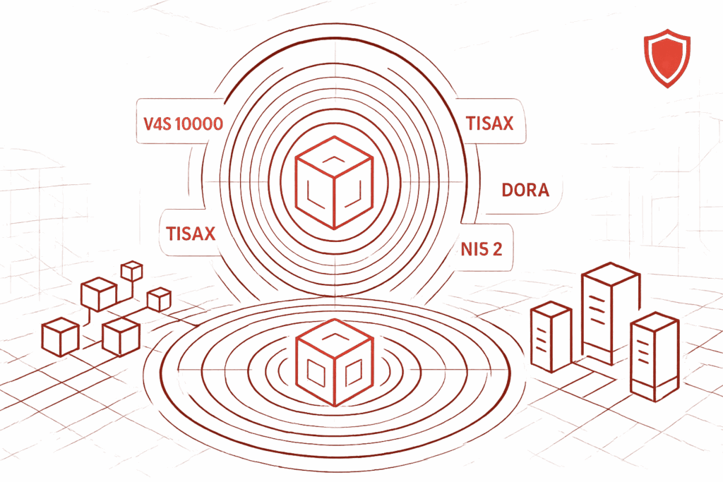Grafik zeigt Würfel und Schutzelemente im roten Design, verbunden mit Schlagwörtern zu Cybersecurity-Standards wie TISAX, NIS 2 und DORA