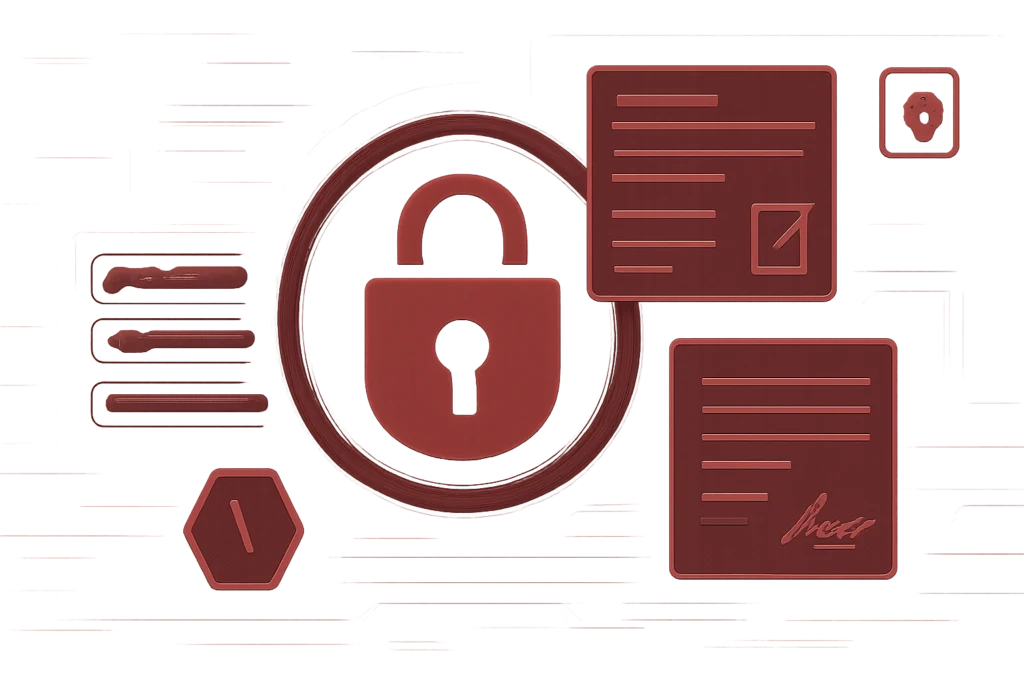 Grafik zeigt ein Sicherheitsschloss, Dokumente und Symbole für Datenschutz und Datenverschlüsselung