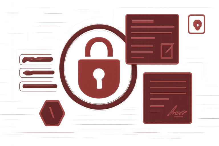 Grafik zeigt ein Sicherheitsschloss, Dokumente und Symbole für Datenschutz und Datenverschlüsselung