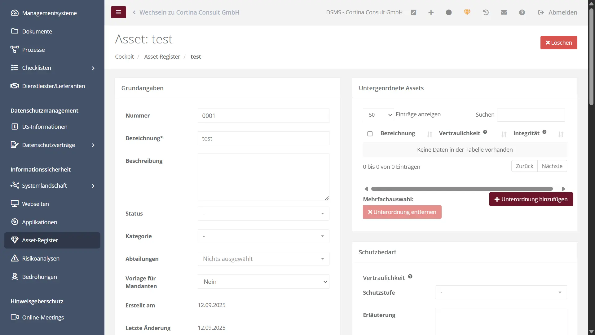 Darstellung des Moduls Asset-Register einer Datenschutzsoftware zur Verwaltung von Vertraulichkeit und Schutzbedarf