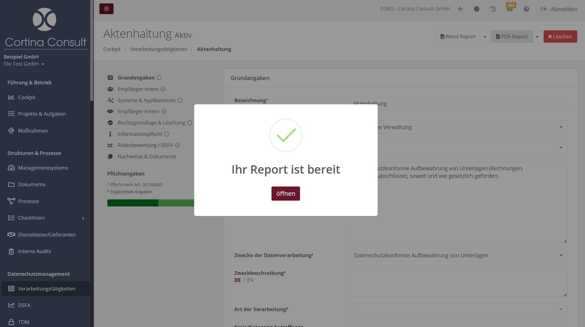 Screenshot einer Datenschutzsoftware mit Hinweisfenster „Ihr Report ist bereit“ im Bereich Aktenhaltung, inklusive Button zum Öffnen