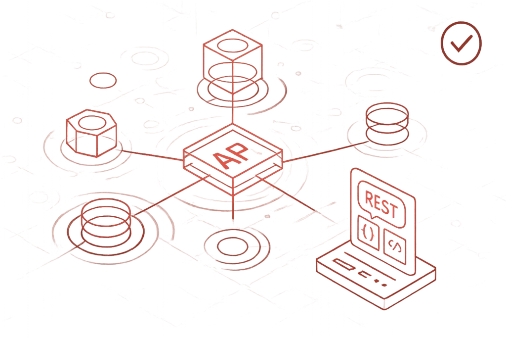 Abstrakte Grafik in Rot zeigt API-Netzwerk mit verbundenen Modulen, symbolisiert moderne IT-Architektur und Datenkommunikation