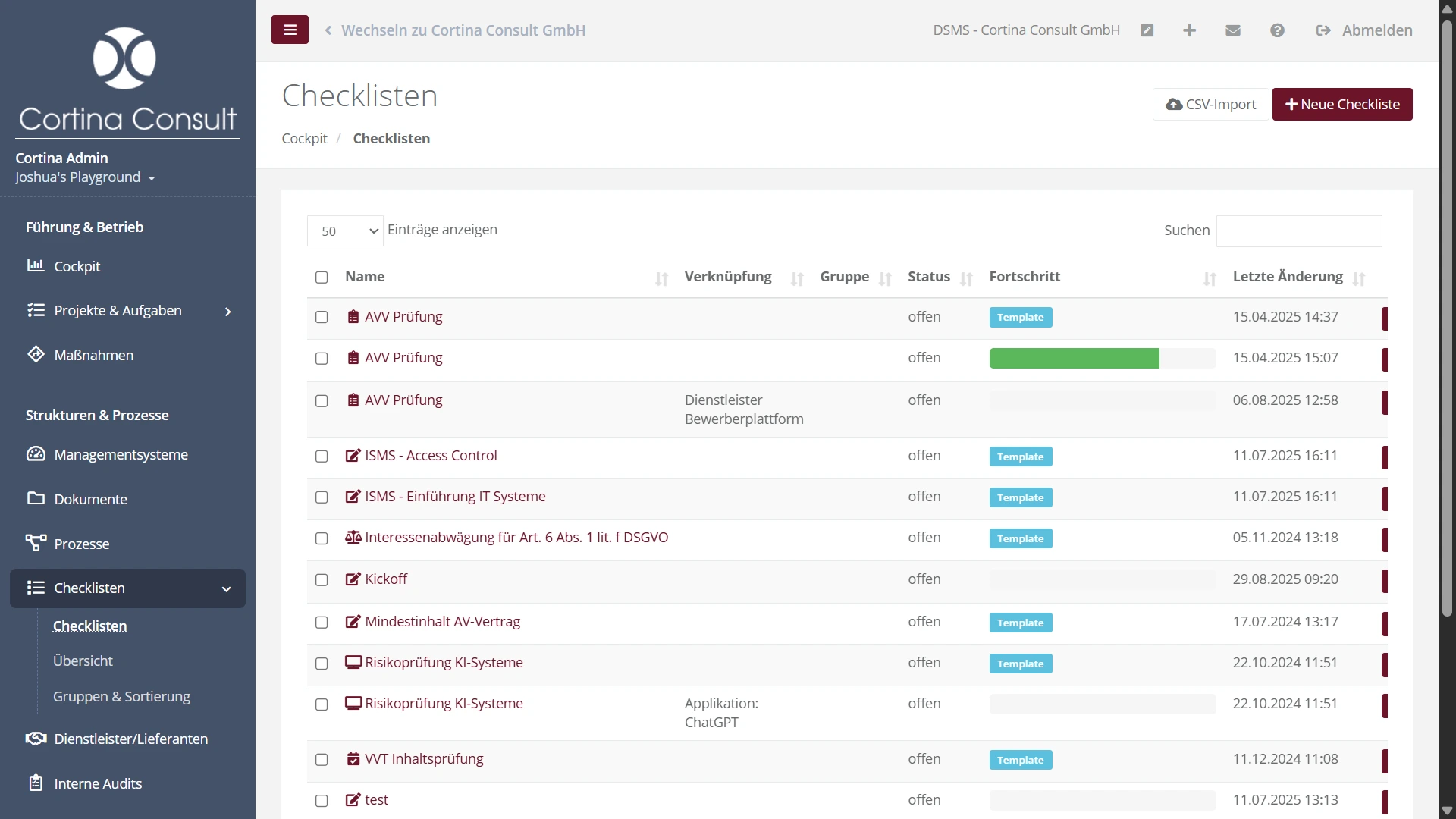 Tabellarische Ansicht von Checklisten für Datenschutz, IT-Sicherheit und Compliance-Prüfungen