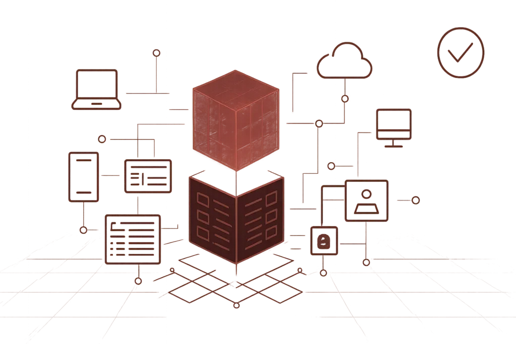Abstraktes rotes Design mit Würfel und Netzwerkverbindungen als Symbol für Cloud Computing und digitale Architektur