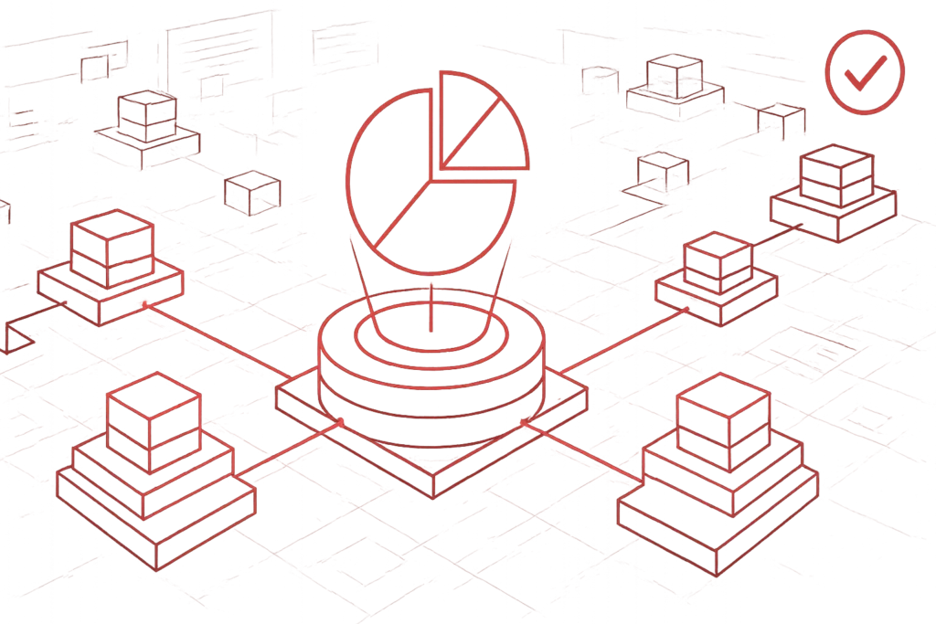 Visualisierung einer Datenplattform mit zentralem Tortendiagramm, das über Linien mit weiteren Datenmodulen verbunden ist