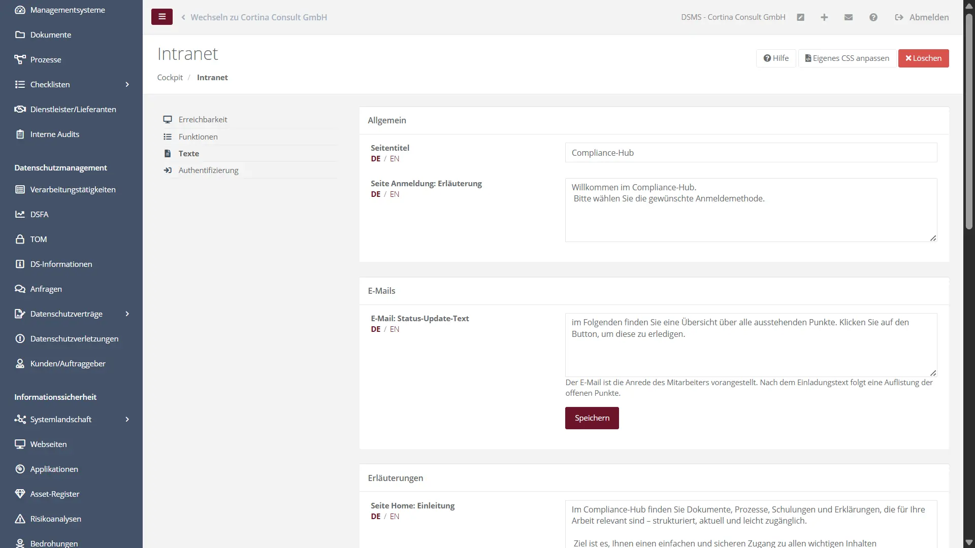 Benutzeroberfläche des Intranets zeigt Verwaltungsoptionen für Texte, E-Mail-Vorlagen und Beschreibungen im Compliance-Hub
