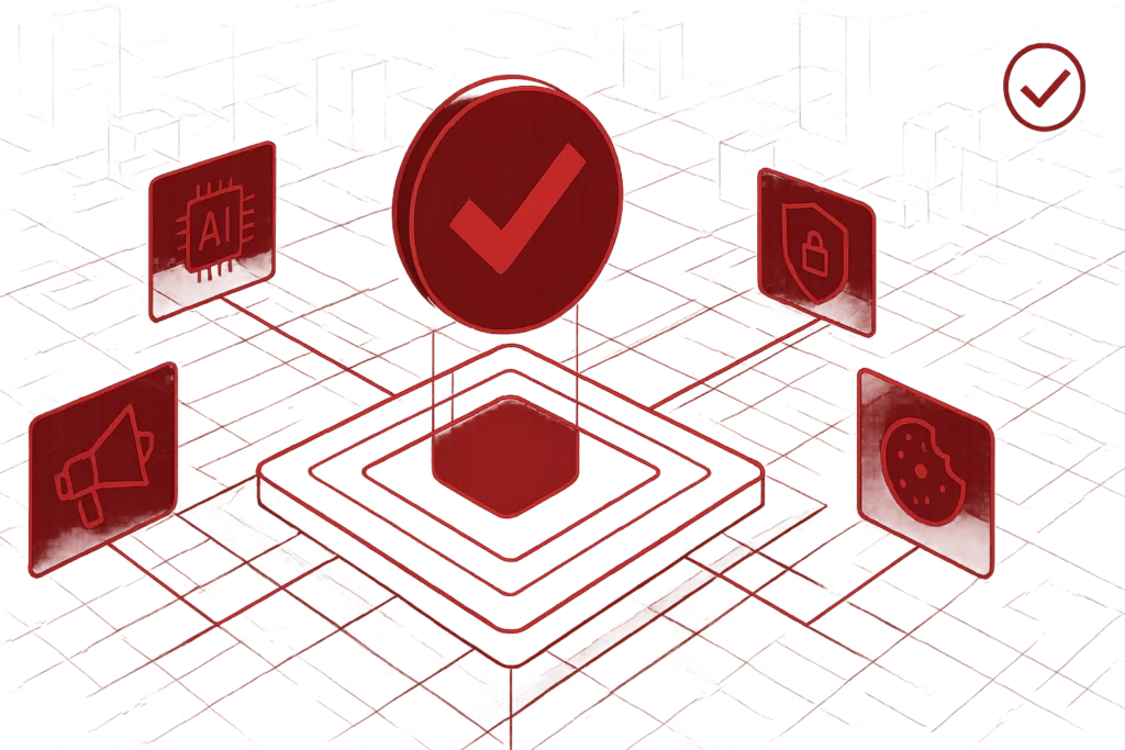 Illustration zeigt ein zentrales Check-Symbol mit Linien zu Symbolen für künstliche Intelligenz, Datenschutz und Cookie-Management