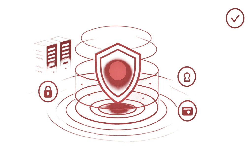 Rote Illustration mit Schutzschild, Servern und Symbolen für Datensicherheit und Zugriffsschutz im digitalen Raum