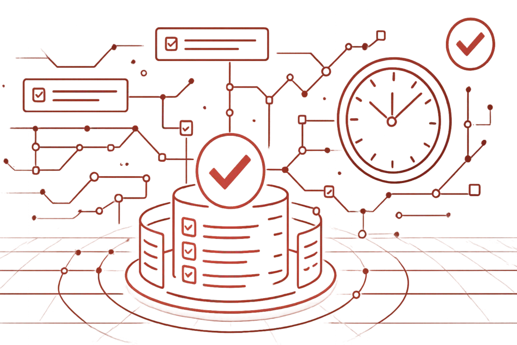 Abstraktes rotes Design mit Symbolen für Datenverarbeitung, Systemkontrolle und zeitbasierte Prozessoptimierung