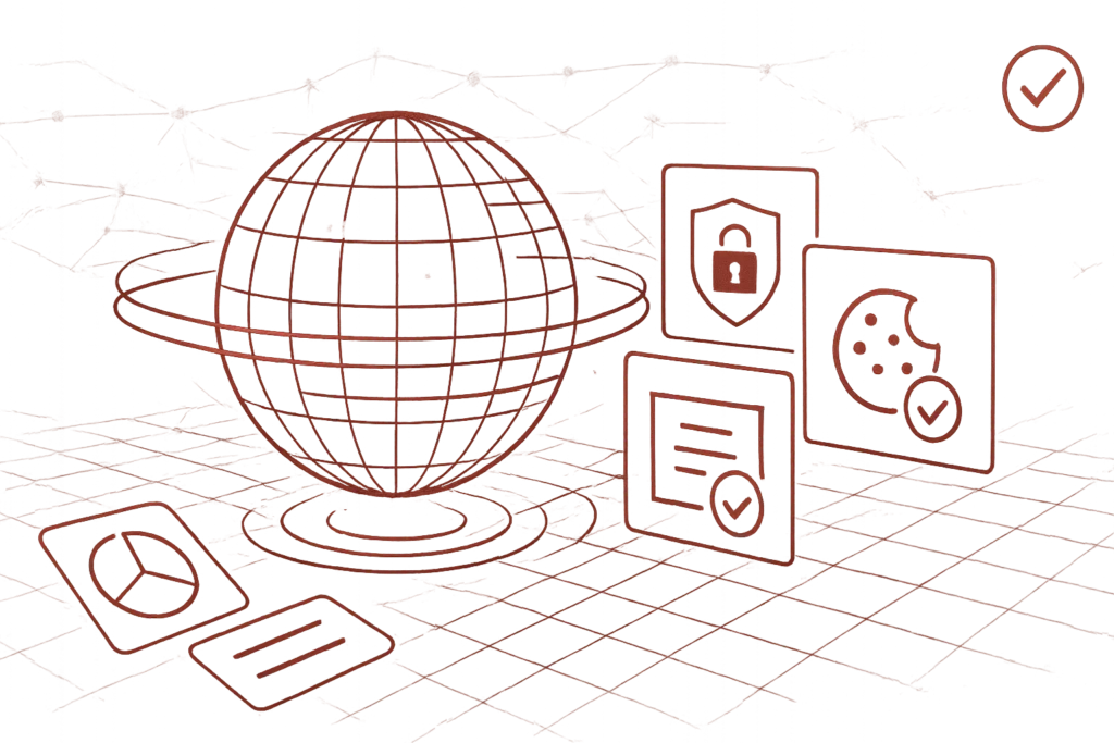 Grafische Darstellung eines Netzwerks mit Weltkugel, Datenschutzschild und Cookie-Symbol als Zeichen für Online-Privacy