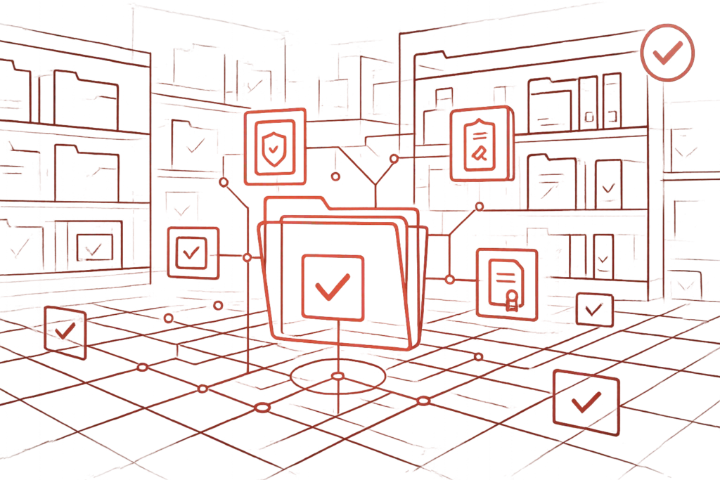 Illustration eines digitalen Dokumentenmanagement-Systems mit vernetzten Ordnern, Sicherheits-Icons und Häkchen im roten Hintergrund